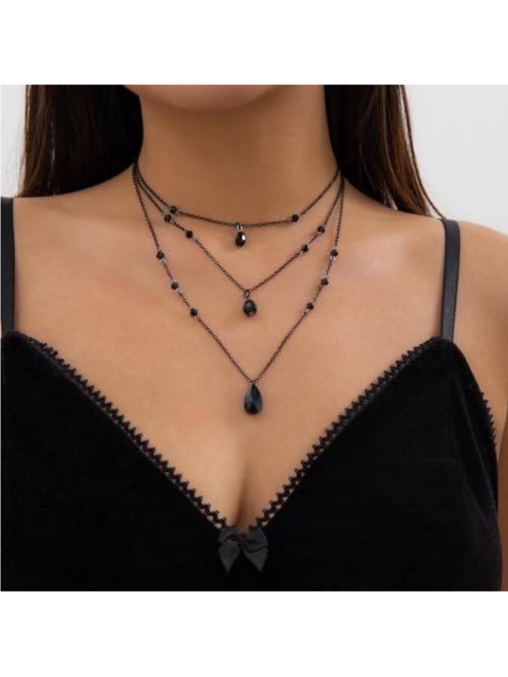 Black Layered Choker Necklace Gothic Teardrop Beaded Triple Chain Alt Jewelry